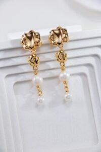 Artistic S925 Sterling Silver Earrings – 18K Gold Plated Textured Metal & Pearl Drops - Image 4