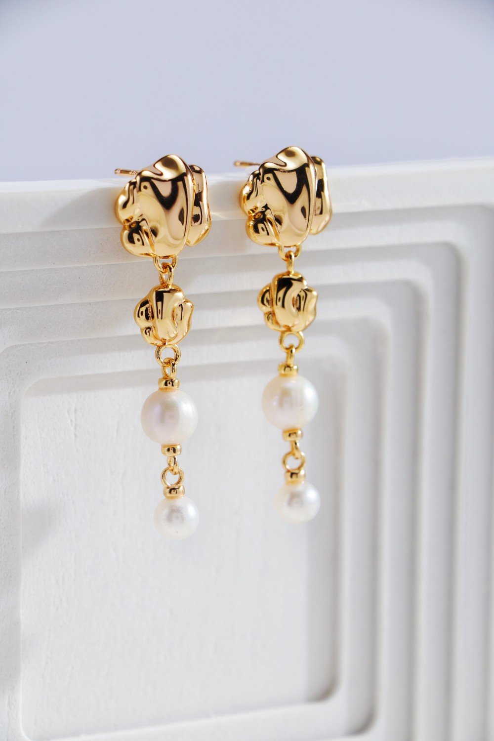 Artistic S925 gold plated earrings with textured metal and pearl drops