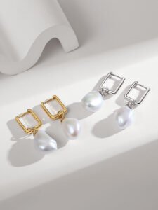 Baroque Pearl Square Frame Earrings – S925 Silver/Gold Irregular Pearl Drops - Image 4