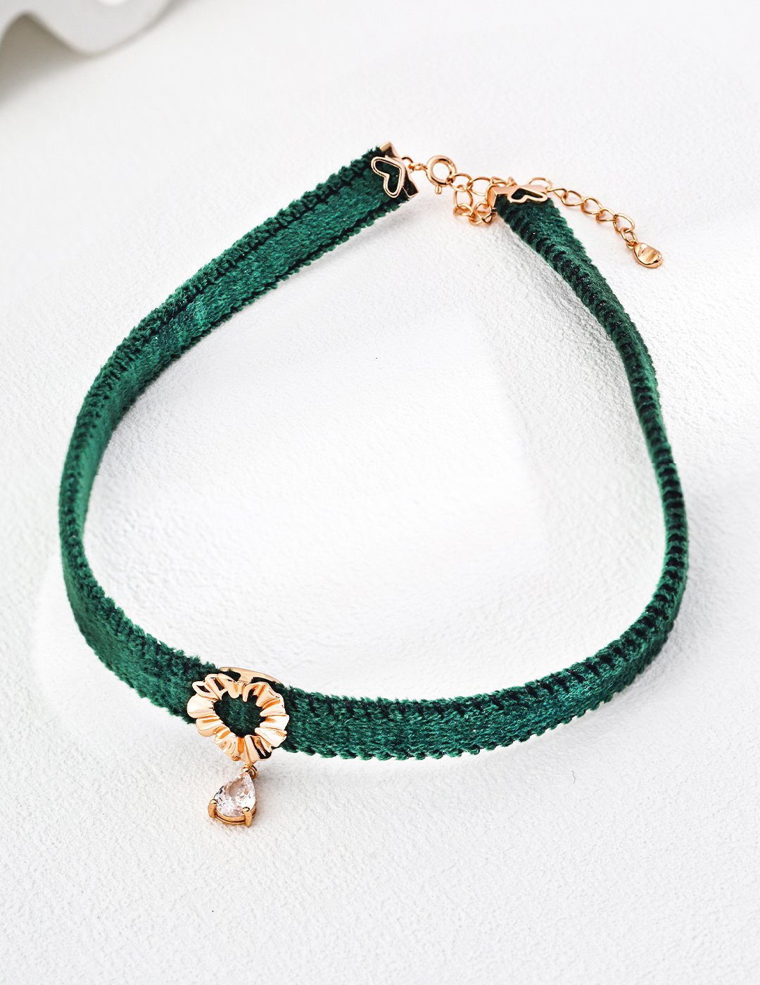 Green velvet choker with gold textured heart pendant