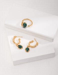 S925 Sterling Silver Malachite Earrings | Vintage Gold C-Shape Design - Image 5
