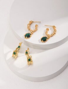 S925 Sterling Silver Malachite Earrings | Vintage Gold C-Shape Design - Image 4