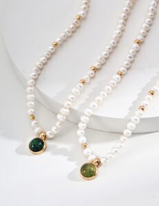 Vintage Pearl & Moss Agate Necklace | S925 Sterling Silver with Gold Beads - Image 2