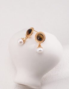 S925 Sterling Silver Tiger Eye Pearl Earrings | Vintage Gold Accents - Image 6