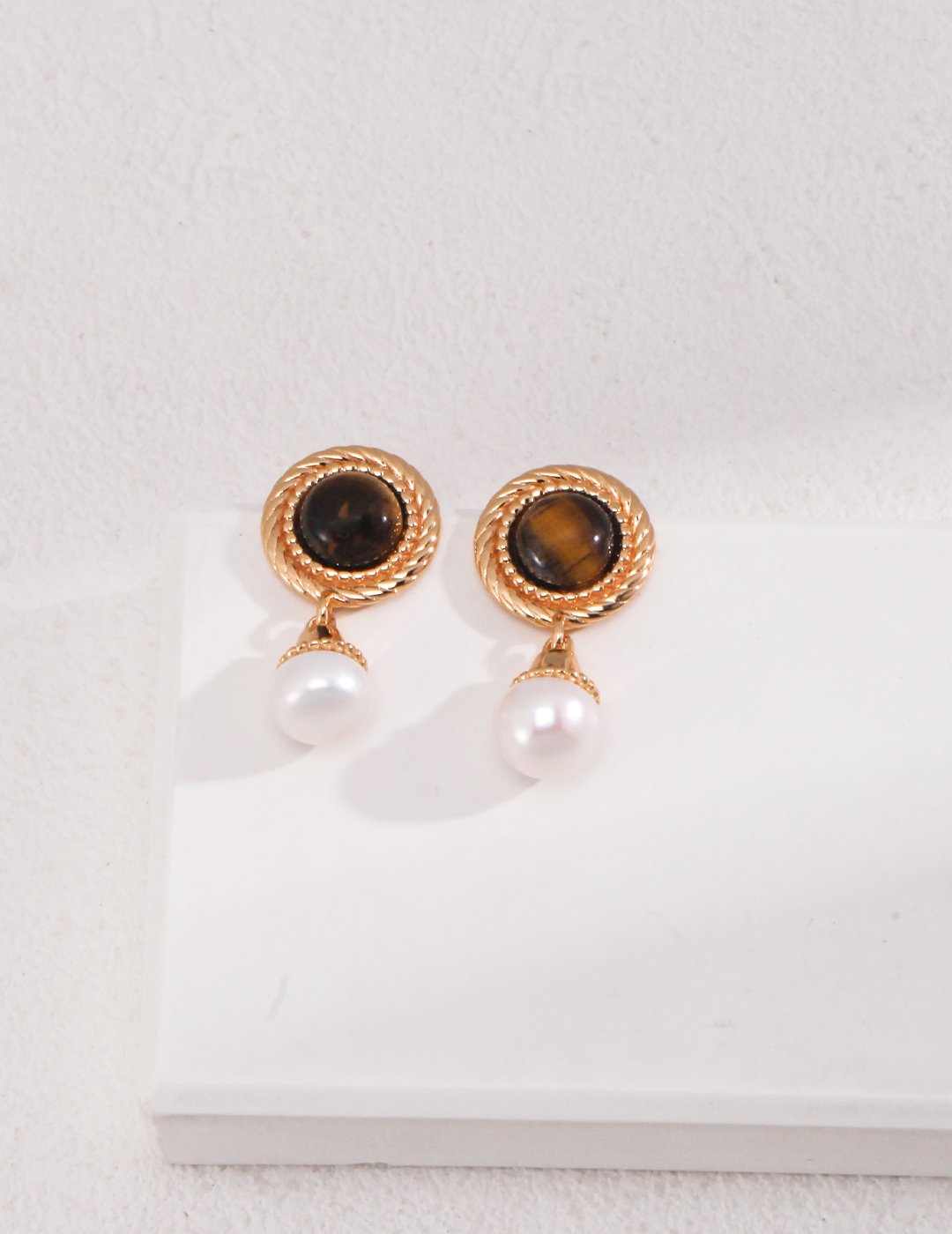 S925 Sterling Silver Tiger Eye Pearl Earrings | Vintage Gold Accents