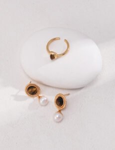 S925 Sterling Silver Tiger Eye Pearl Earrings | Vintage Gold Accents - Image 3