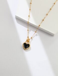 S925 Sterling Silver Enamel Heart Necklace | Black & Gold Beaded Chain - Image 7