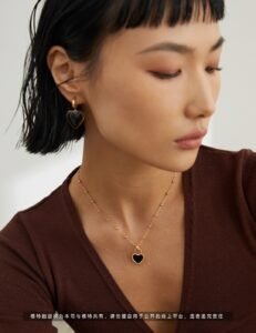 S925 Sterling Silver Enamel Heart Necklace | Black & Gold Beaded Chain - Image 4