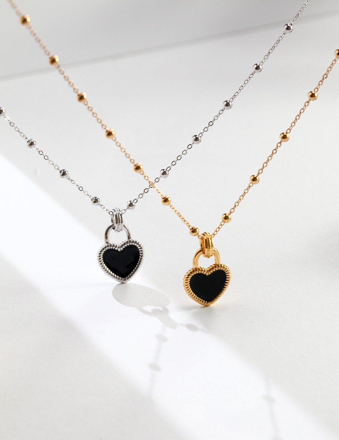 Black Enamel Heart Necklace with Gold Beaded Chain