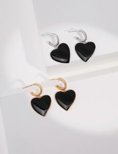 S925 Sterling Silver Black Enamel Heart Earrings | Modern Romantic Jewelry - Image 3