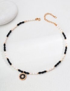 S925 Sterling Silver Pearl & Onyx Necklace | Black Enamel Flower Pendant with Zircon - Image 4