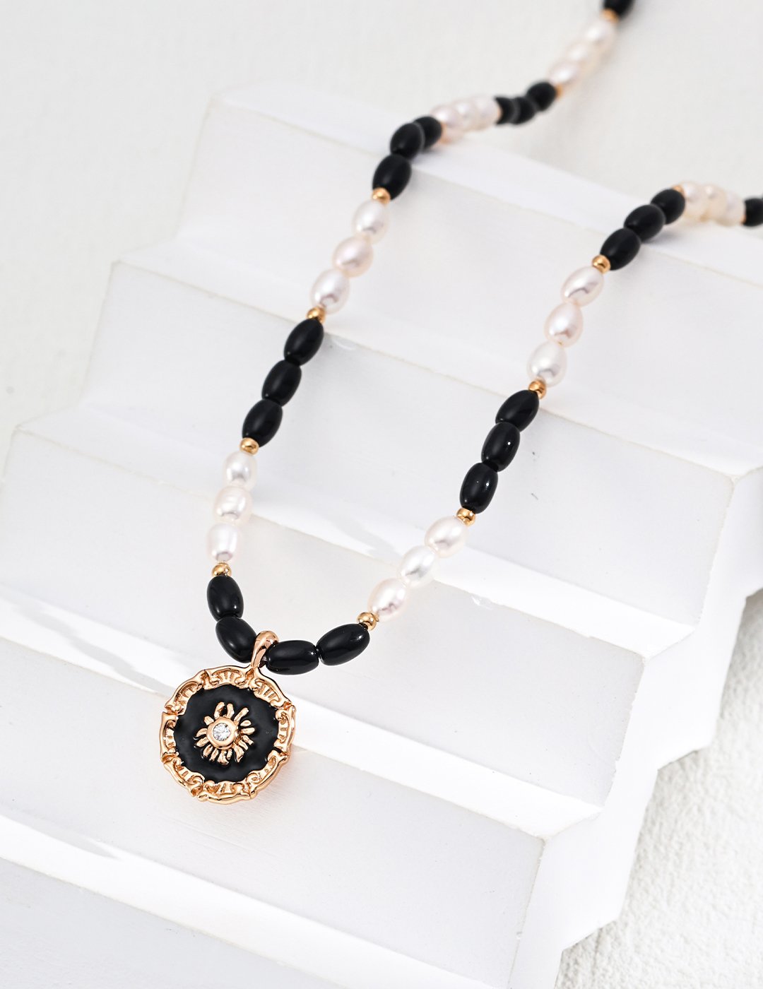 Sterling Silver Pearl and Onyx Necklace with Enamel Flower Pendant