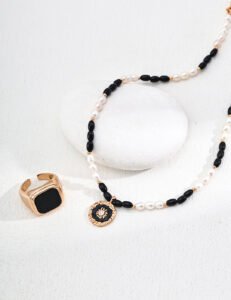 S925 Sterling Silver Pearl & Onyx Necklace | Black Enamel Flower Pendant with Zircon - Image 3