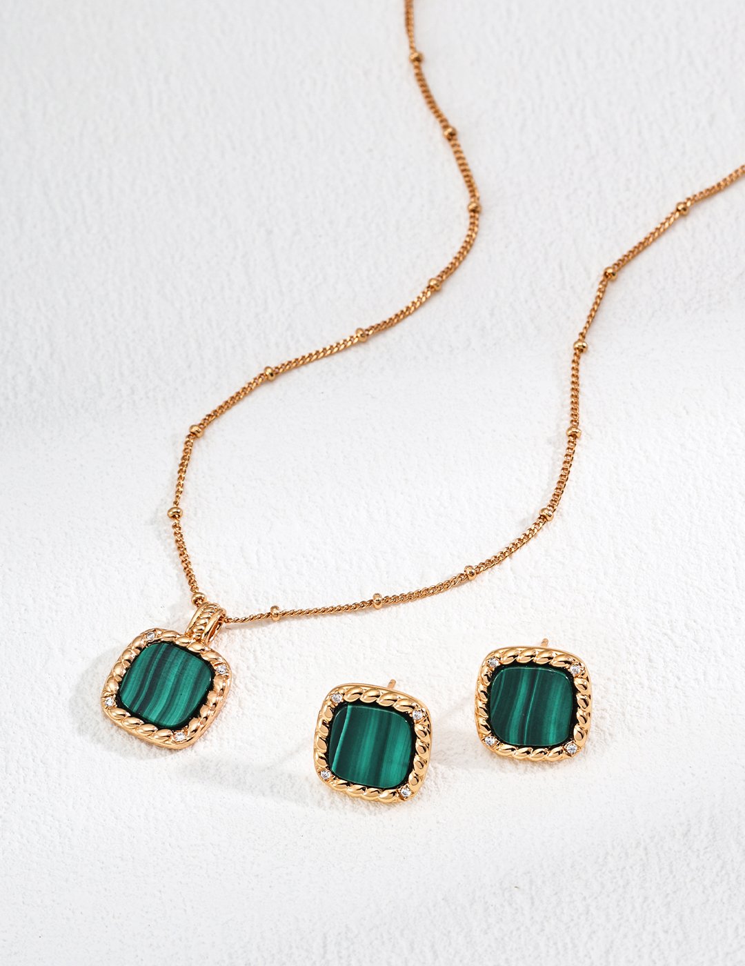 Gold-Tone Malachite Necklace | S925 Sterling Silver with Zircon Accents | Minimalist Dainty Chain
