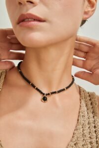 S925 Sterling Silver Black Onyx Necklace | Gold Bead Accent Chain - Image 2