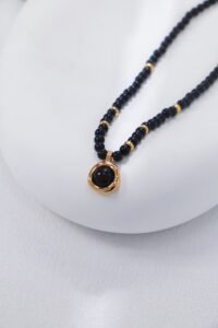S925 Sterling Silver Black Onyx Necklace | Gold Bead Accent Chain - Image 8