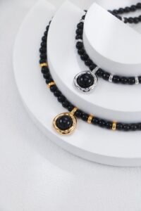 S925 Sterling Silver Black Onyx Necklace | Gold Bead Accent Chain - Image 4