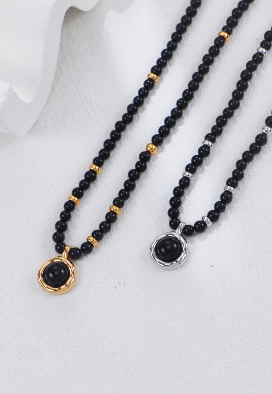 Black Onyx Pendant Necklace with Gold Beads on Sterling Silver Chain