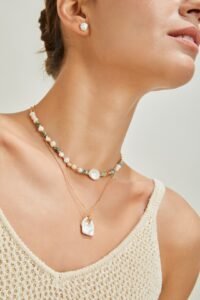 S925 Sterling Silver Green Spot Stone Pearl Necklace | Vintage Gold Beaded Chain - Image 2