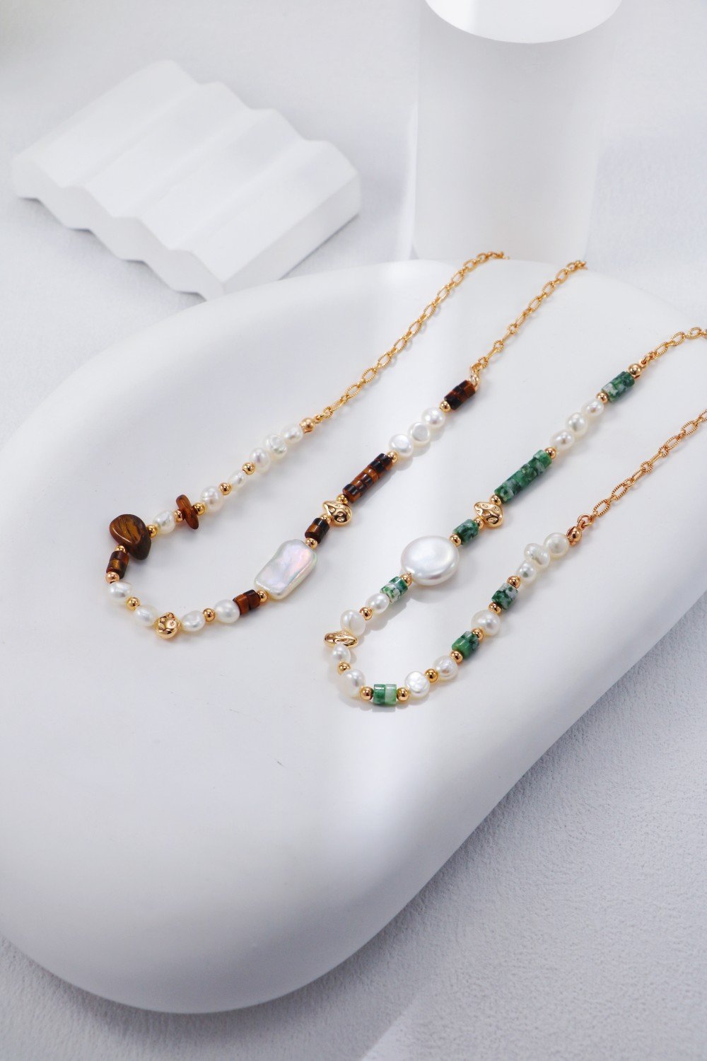 Vintage Green Spot Stone and Pearl Necklace in Sterling Silver