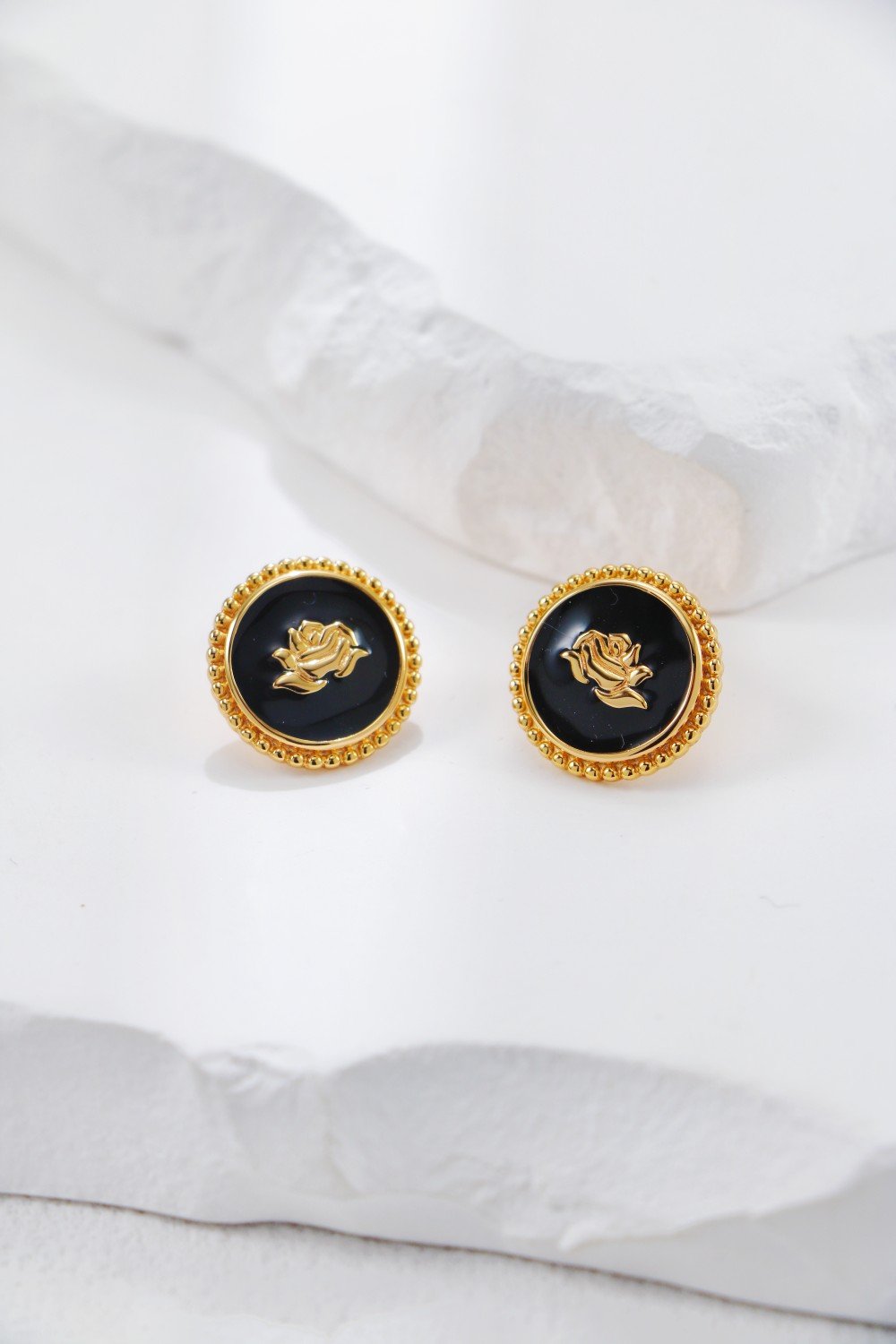 Vintage Black Enamel Rose Earrings in S925 Sterling Silver