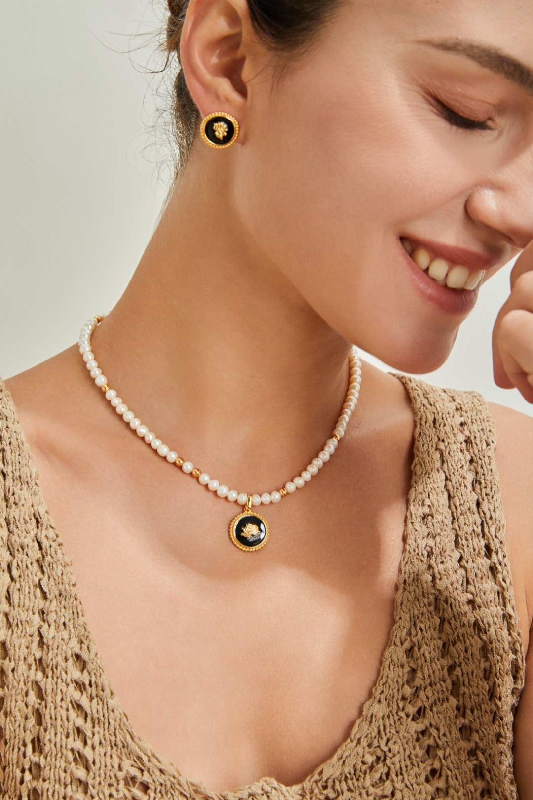 Vintage Enamel Rose Pearl Necklace | S925 Sterling Silver with Gold Beaded Chain | Romantic Jewelry