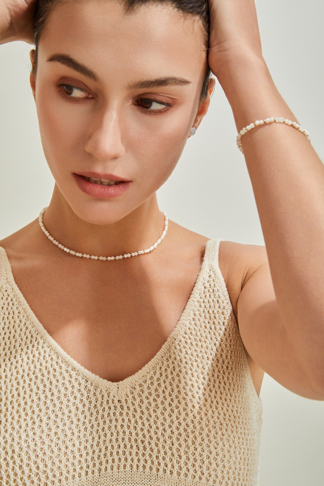 Bamboo Shell and Gold Bead Necklace in Sterling Silver