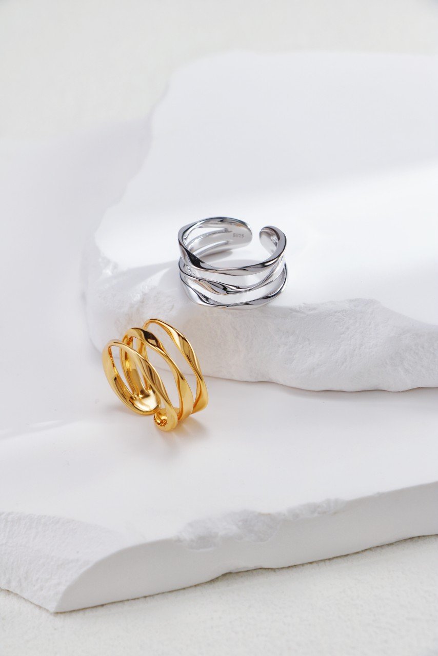 Sterling Silver Asymmetric Trio Ring Set Modern Design.