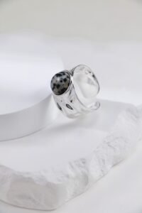 S925 Sterling Silver Spotted Stone/Rock Crystal Ring | Minimalist Wide Band Statement Piece - Image 7