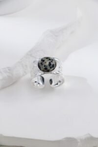 S925 Sterling Silver Spotted Stone/Rock Crystal Ring | Minimalist Wide Band Statement Piece - Image 5