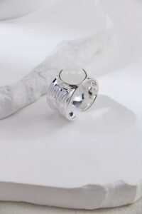 S925 Sterling Silver Spotted Stone/Rock Crystal Ring | Minimalist Wide Band Statement Piece - Image 3