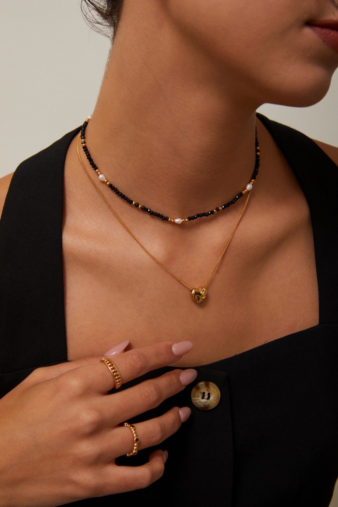 S925 silver vintage gold black spinel and pearl necklace with adjustable chain