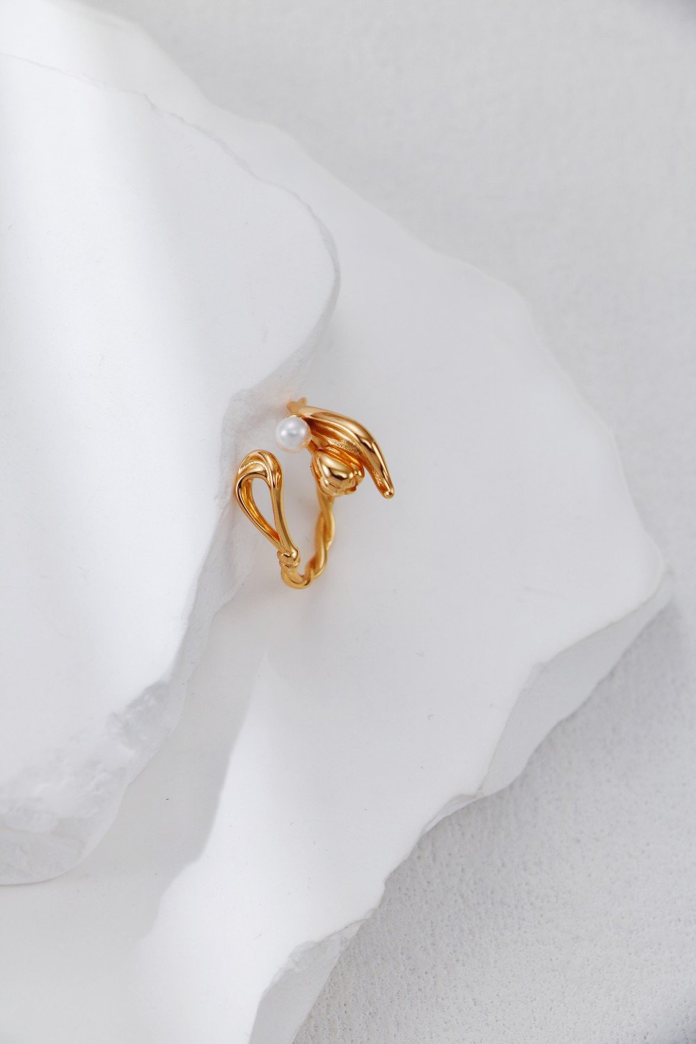 S925 silver vintage gold tulip pearl ring adjustable open band floral design