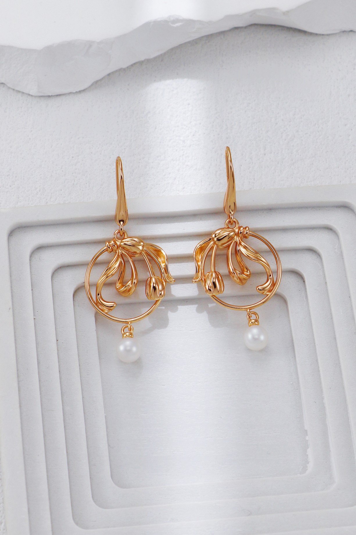 S925 silver vintage golden tulip pearl drop earrings for women