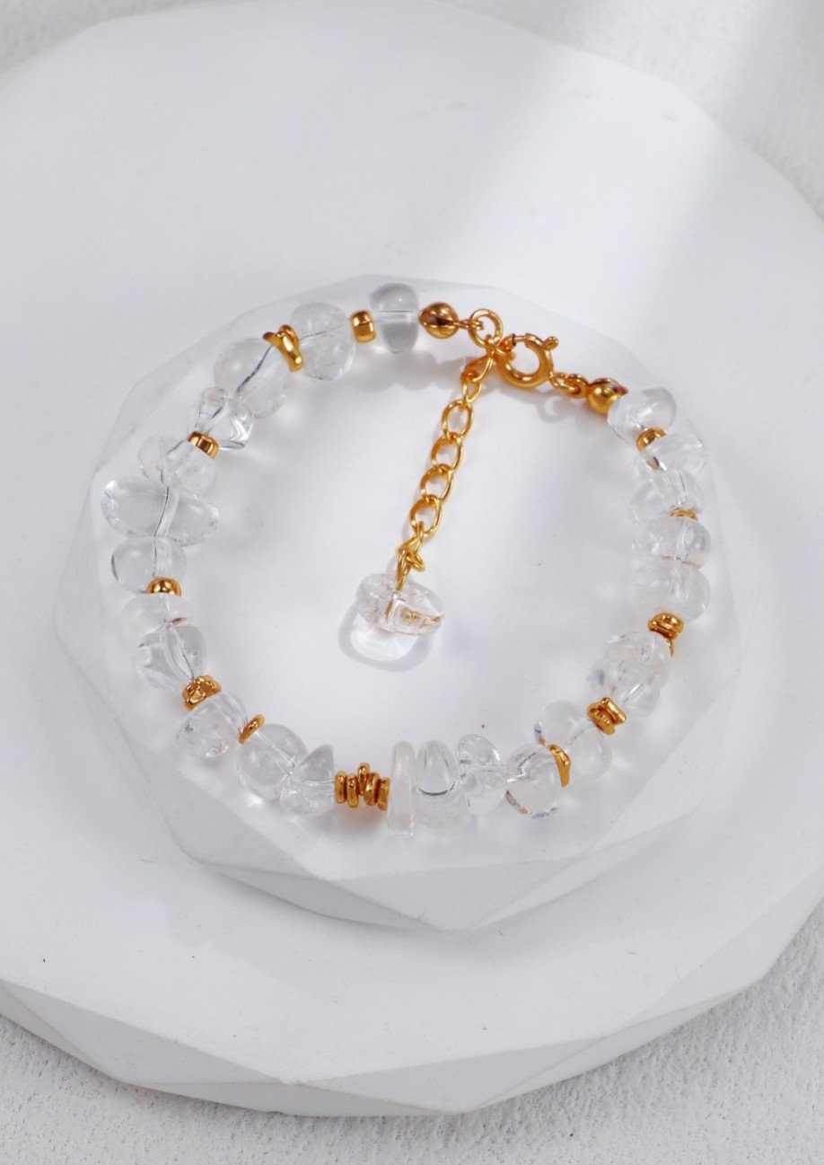 S925 silver vintage gold clear crystal bracelet with adjustable chain and irregular beads