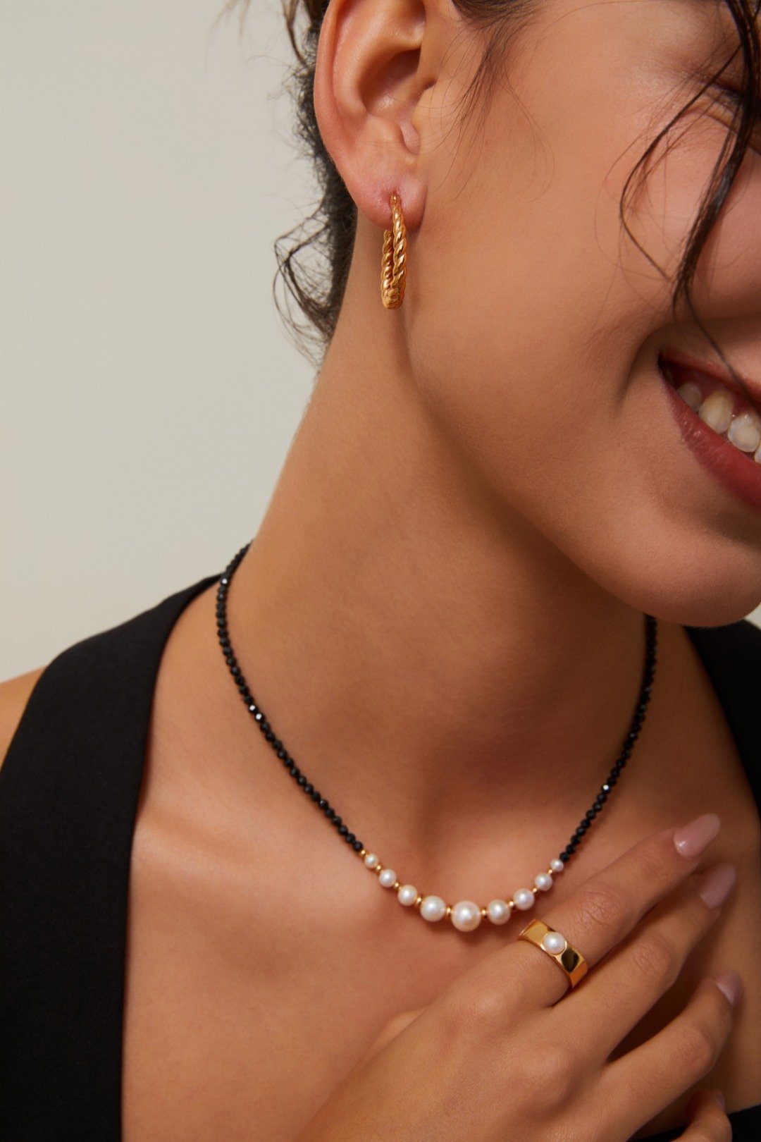 S925 silver vintage gold black spinel freshwater pearl necklace for women