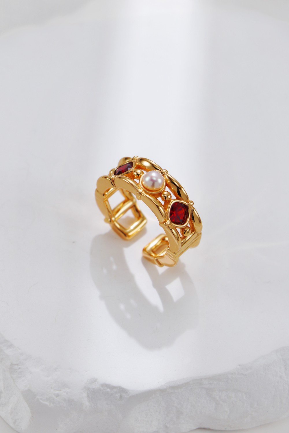 S925 vintage gold ring with pearl and red zircon accents, adjustable open band design, statement cocktail jewelry