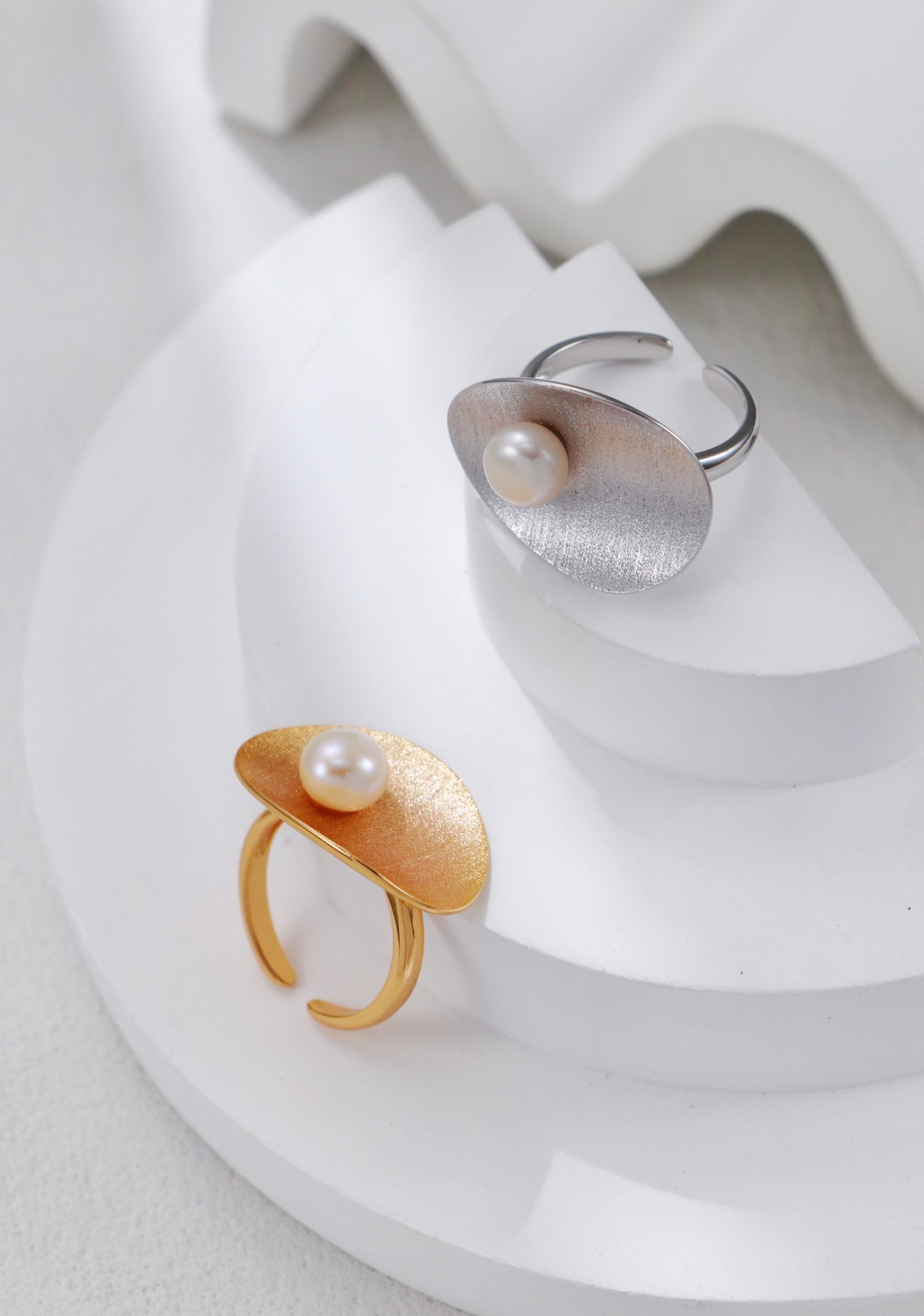 S925 brushed silver and gold pearl rings with open adjustable band and minimalist design
