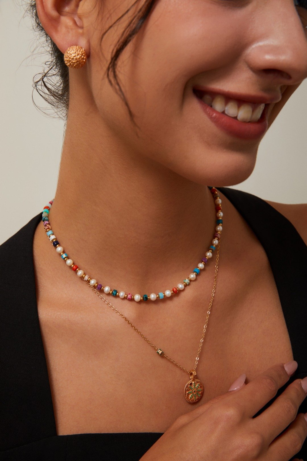 Colorful rainbow pearl and gemstone necklace with vintage gold accents and S925 silver clasp