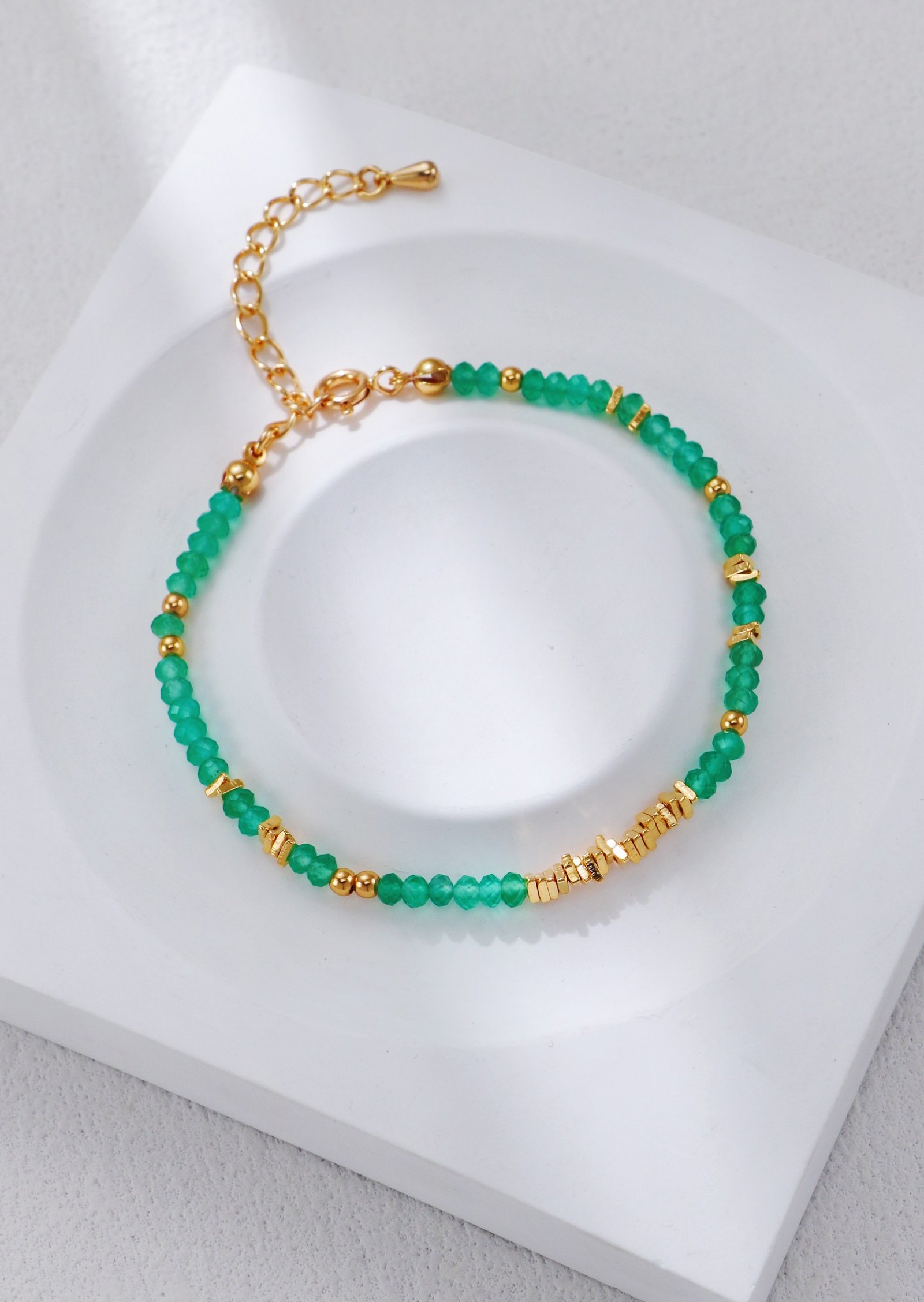S925 Silver Vintage Gold Green Agate Bracelet | Healing Crystal Elegance
