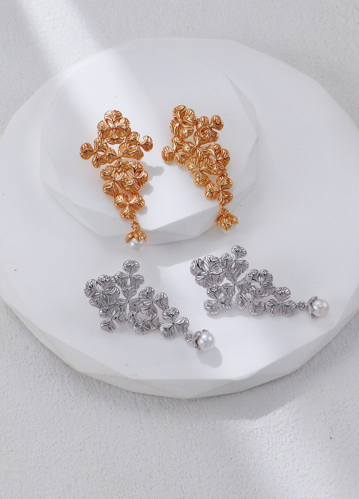 Artisan Floral Pearl Drop Earrings | S925 Prosperity Series in Gold & Silver