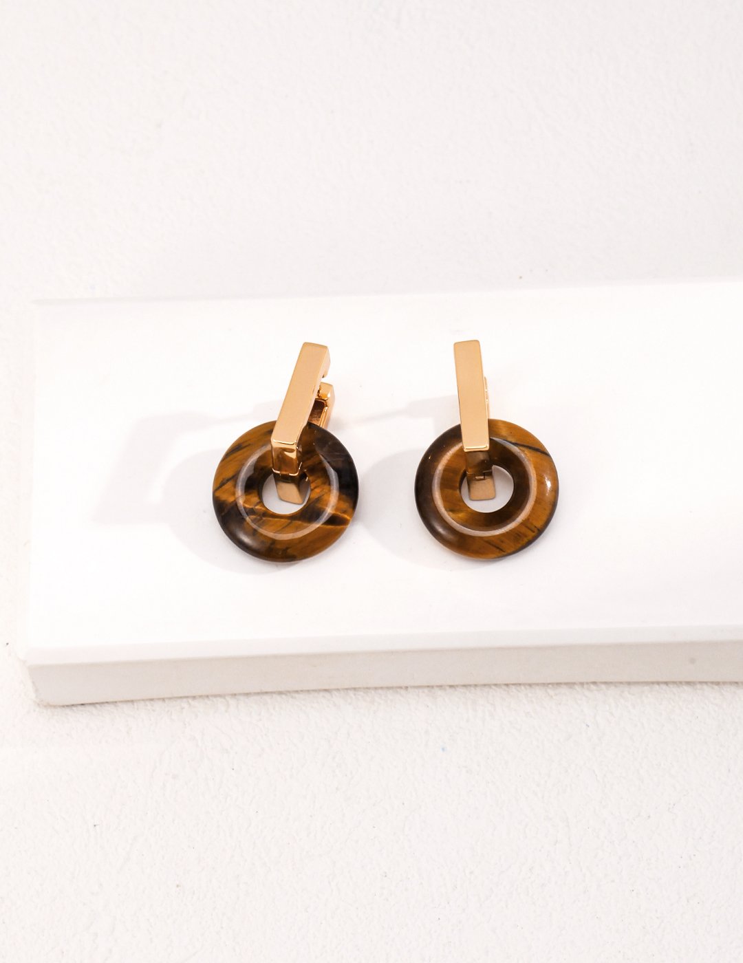 S925 silver retro gold hoop earrings with natural tiger eye stone circle drop