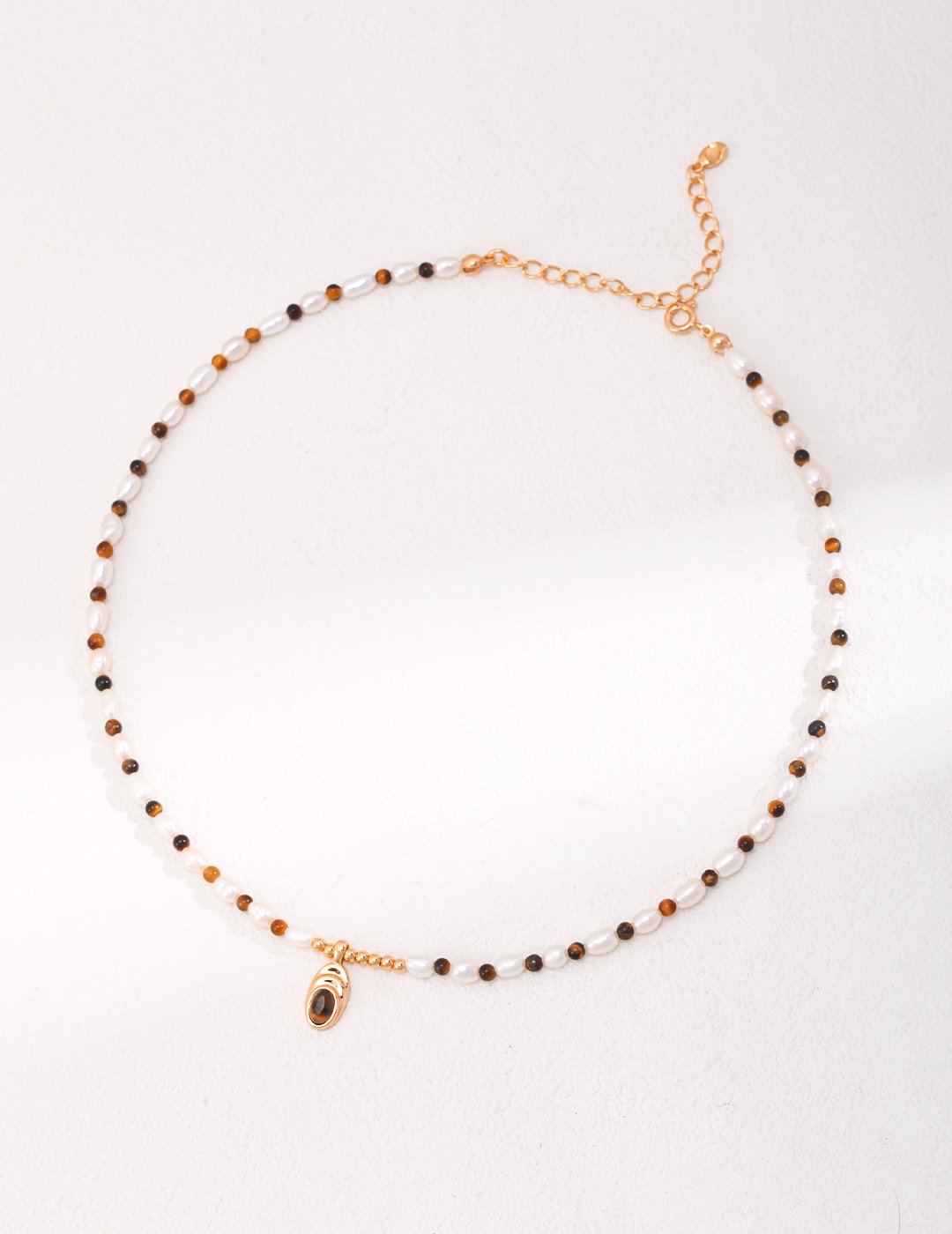 Maillard color pearl and tiger eye pendant necklace in retro gold ethnic style with S925 silver