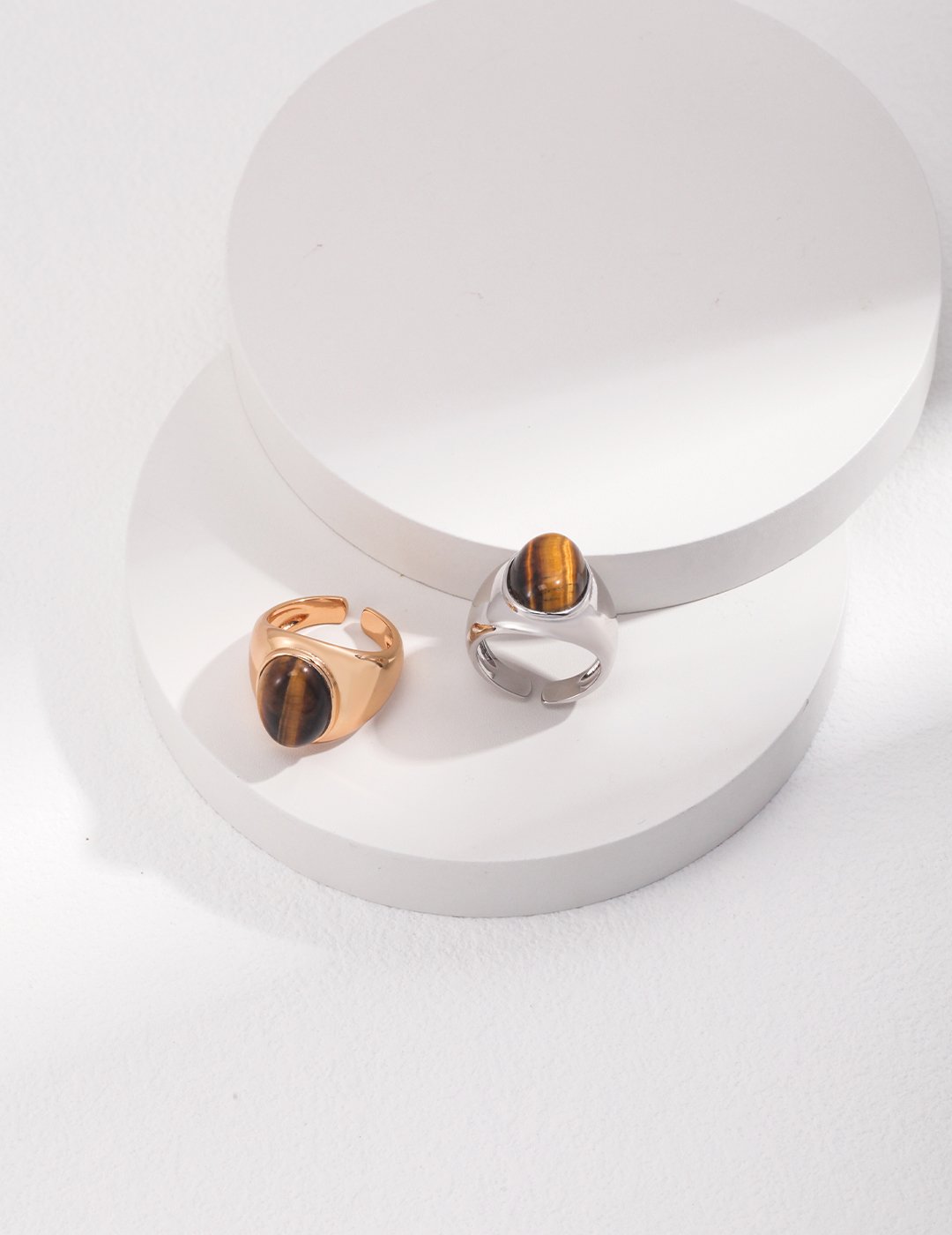 S925 sterling silver adjustable tiger eye stone rings in white gold and vintage gold