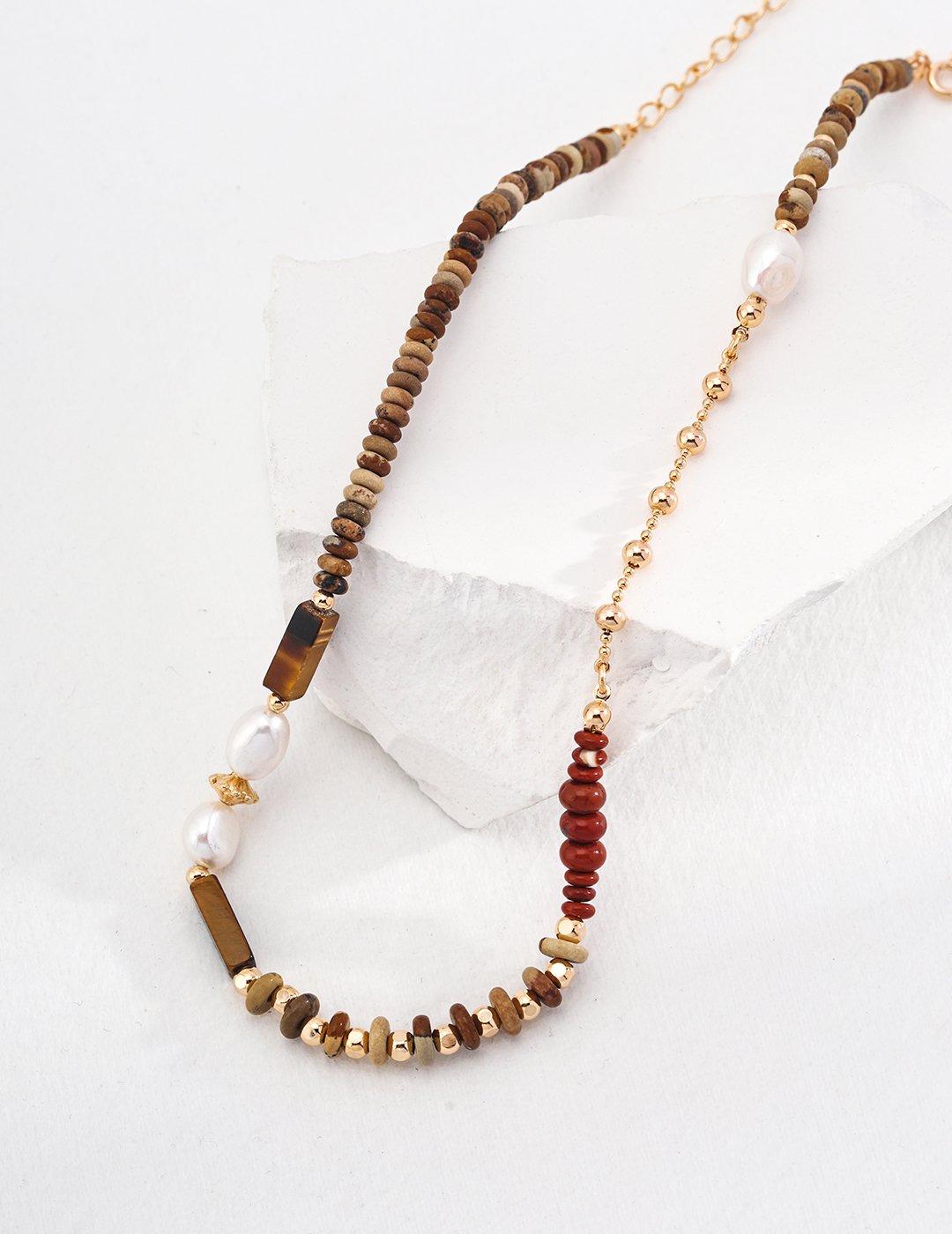 Vintage Picture Stone & Pearl Necklace | S925 Silver with Tiger Eye & Red Stone Accents - Image 4