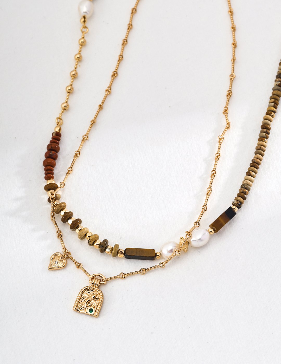 Vintage Picture Stone & Pearl Necklace | S925 Silver with Tiger Eye & Red Stone Accents - Image 6