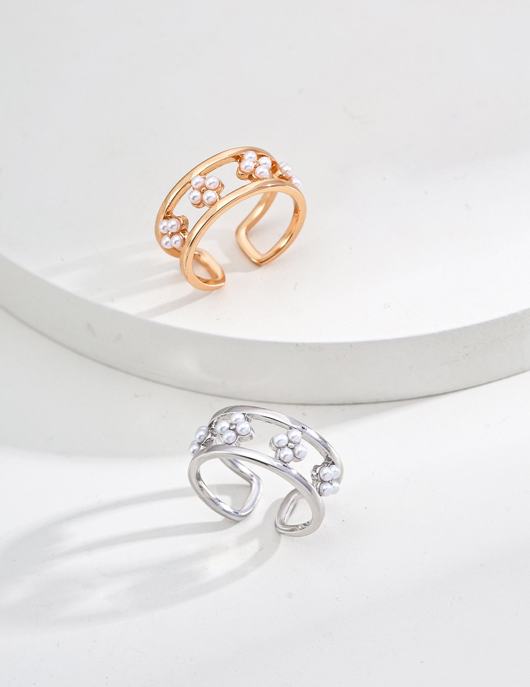 S925 silver imitation pearl floral open ring in white gold and retro gold