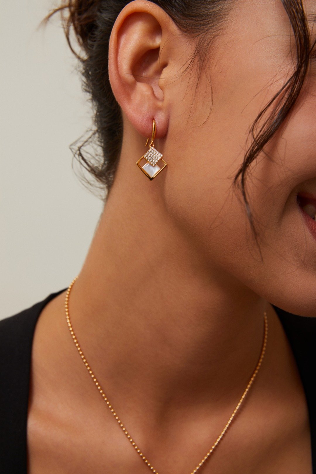 S925 silver and gold drop earrings with shell and zircon square design