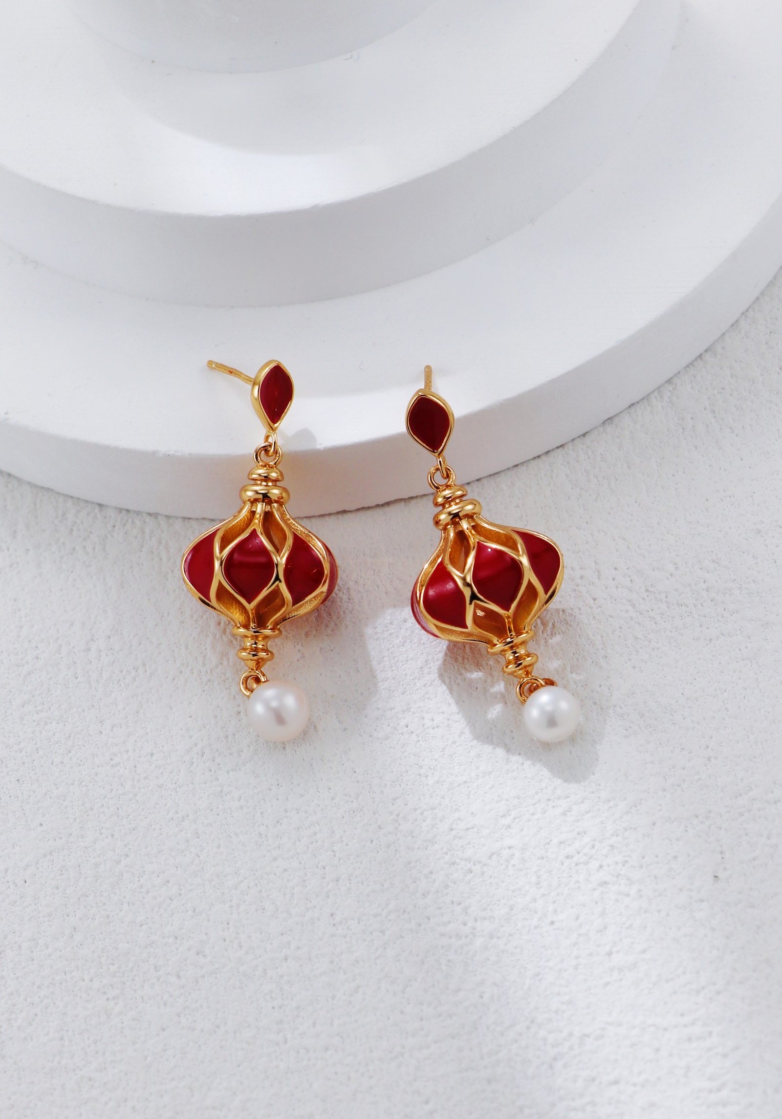 S925 silver red lantern pearl earrings, vintage gold enamel drop earrings, elegant drip glaze dangle earrings