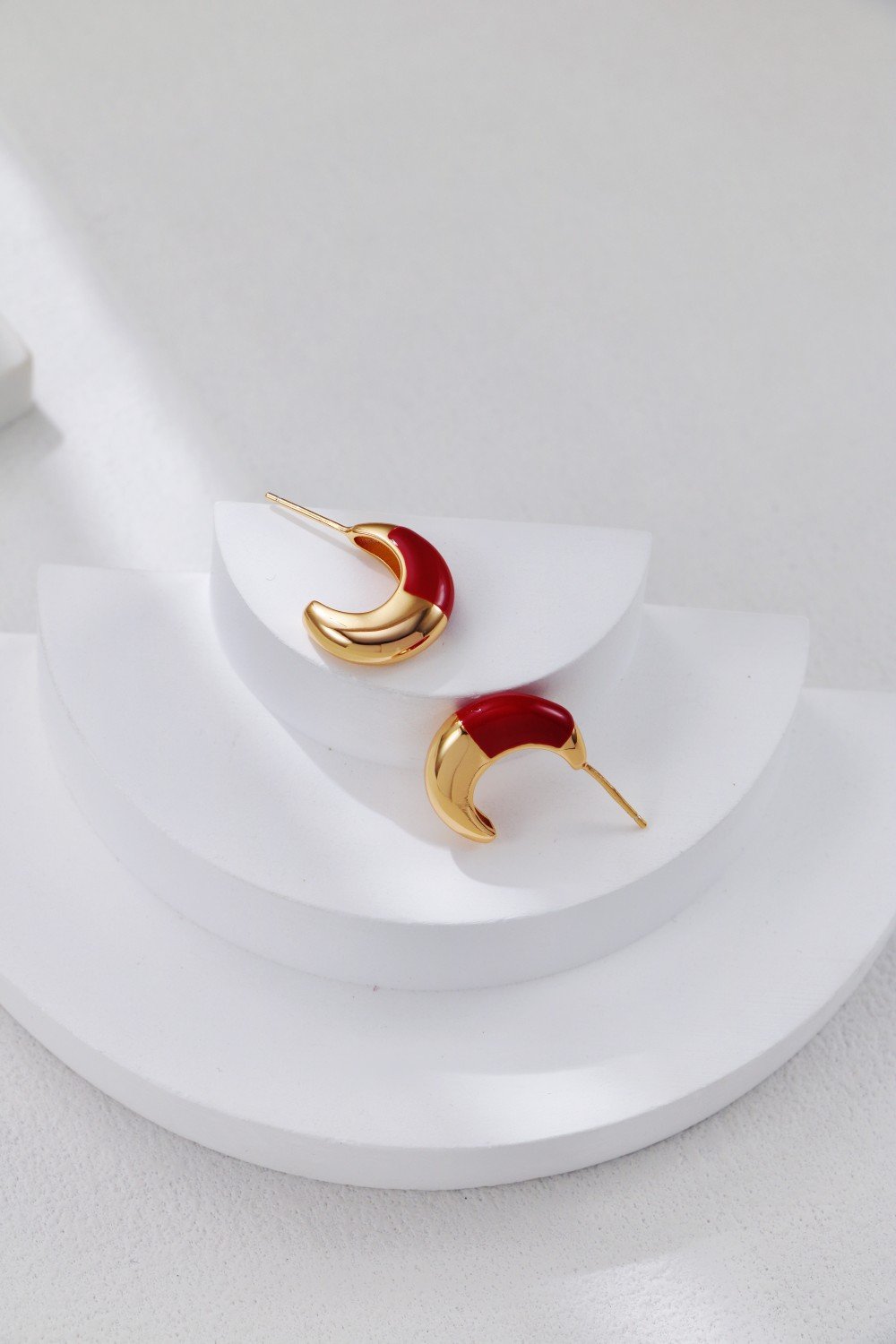 Statement Crescent Red Enamel Earrings | S925 Silver Vintage Gold